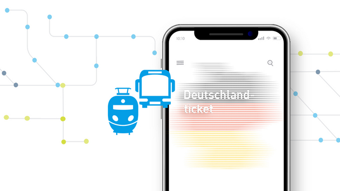 Graphic of a bus and train line network and a smartphone with the German flag on the screen.